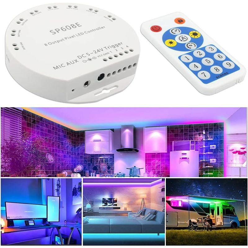 SP608E WS2812B Music Controller 8 CH Signal Output WS2811 WS2815 LED Light Strip Built In Mic IOS Android Bluetooth App DC5V-24V
