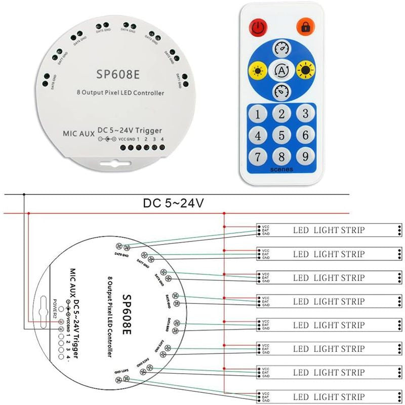 SP608E WS2812B Music Controller 8 CH Signal Output WS2811 WS2815 LED Light Strip Built In Mic IOS Android Bluetooth App DC5V-24V